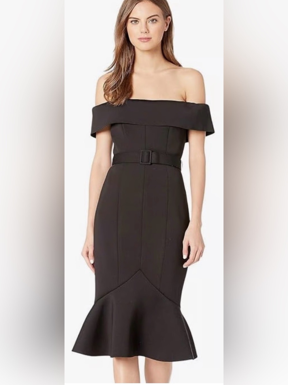 Badgley Mischka Black Off-Shoulder Belted Peplum Dress